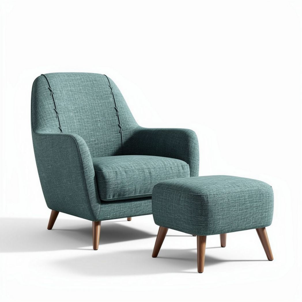 Fabric armchair with matching ottoman in teal color dimensions 80 x 75 x 90cm