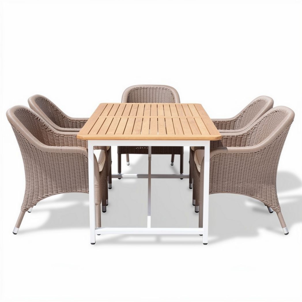 Outdoor dining table set with woven rattan chairs and wooden tabletop 150 x 90 x 75cm