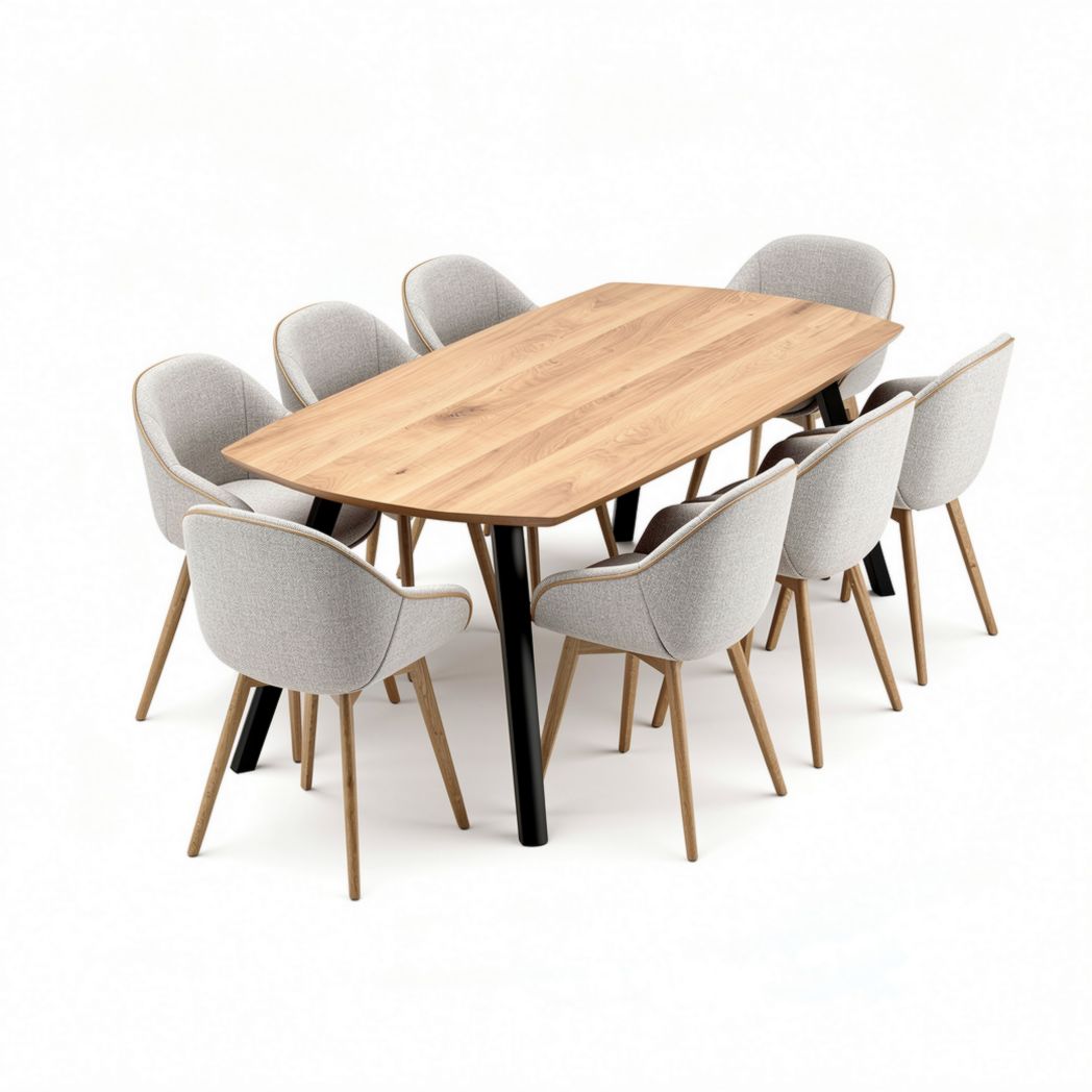 Wooden dining table with gray upholstered chairs for eight people 200 x 100 x 75cm