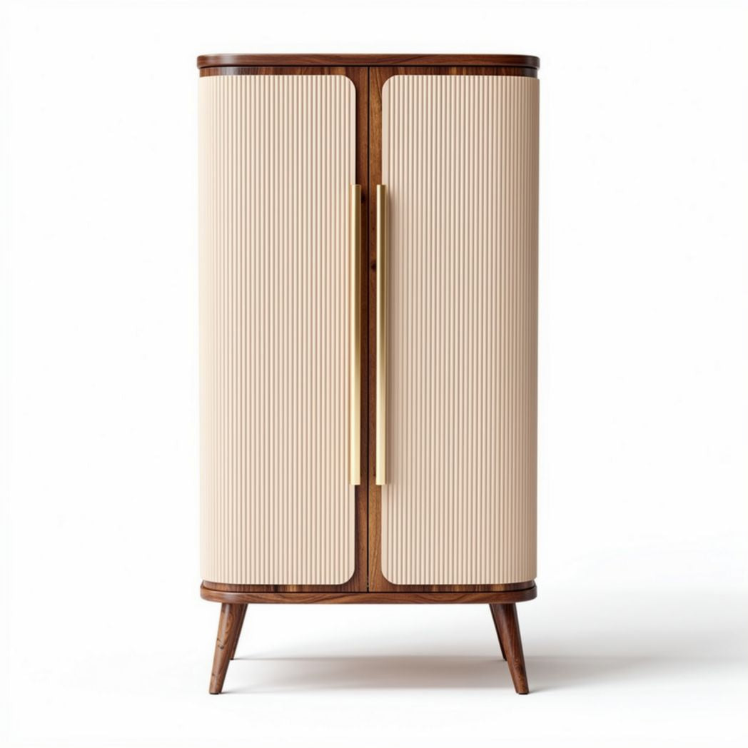 Wooden storage cabinet with ribbed cream doors and gold handles 90 x 50 x 130cm