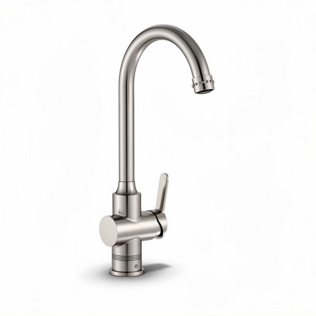 Brushed nickel pull-down kitchen faucet with 360-degree rotation and single handle