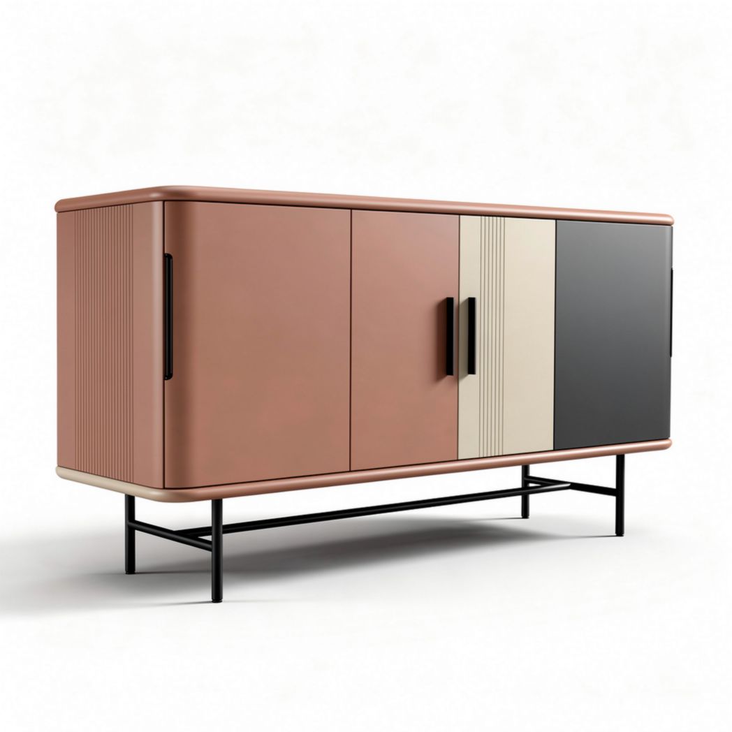 Modern sideboard with three drawers and metal legs in rose gold and black finish