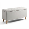 Fabric storage bench with lid and wood legs 120 x 40 x 50cm beige