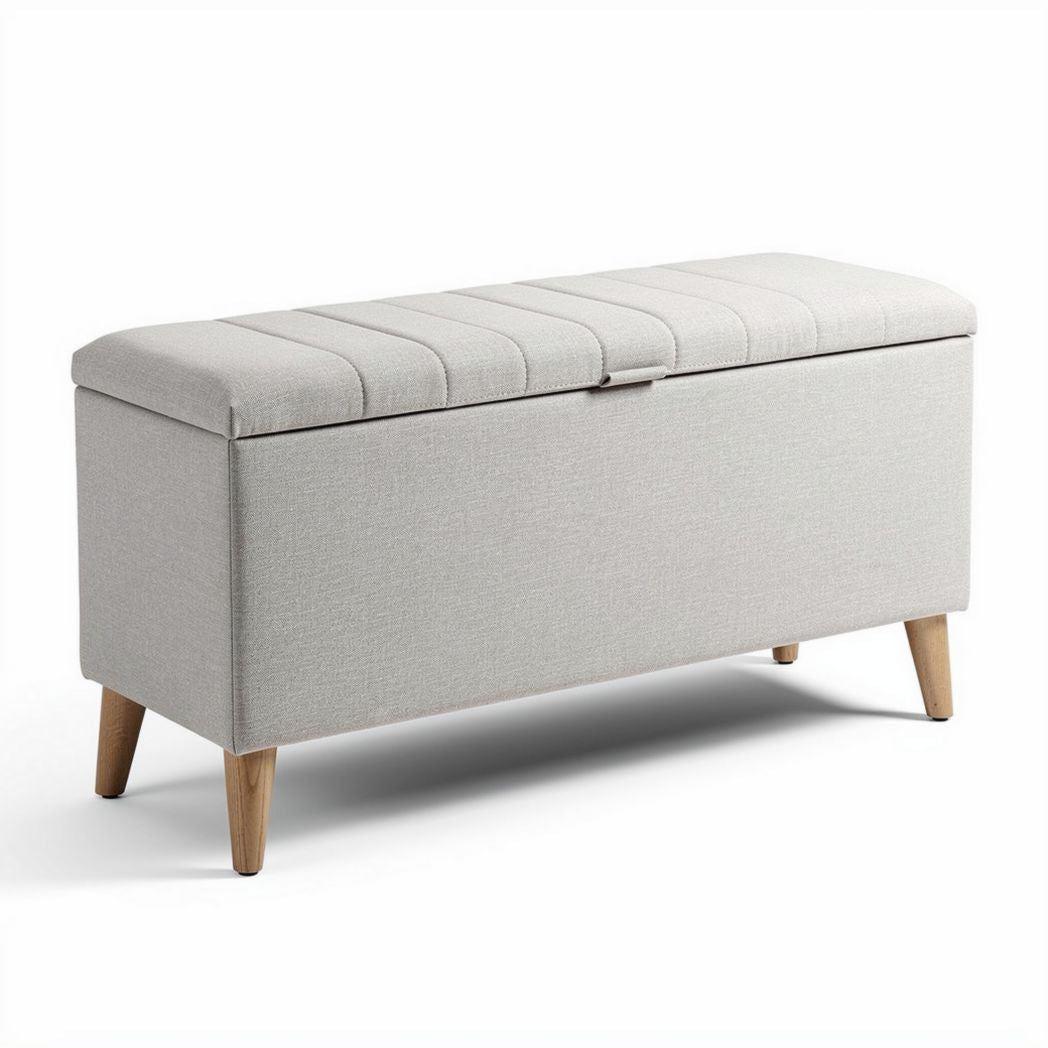 Fabric storage bench with lid and wood legs 120 x 40 x 50cm beige